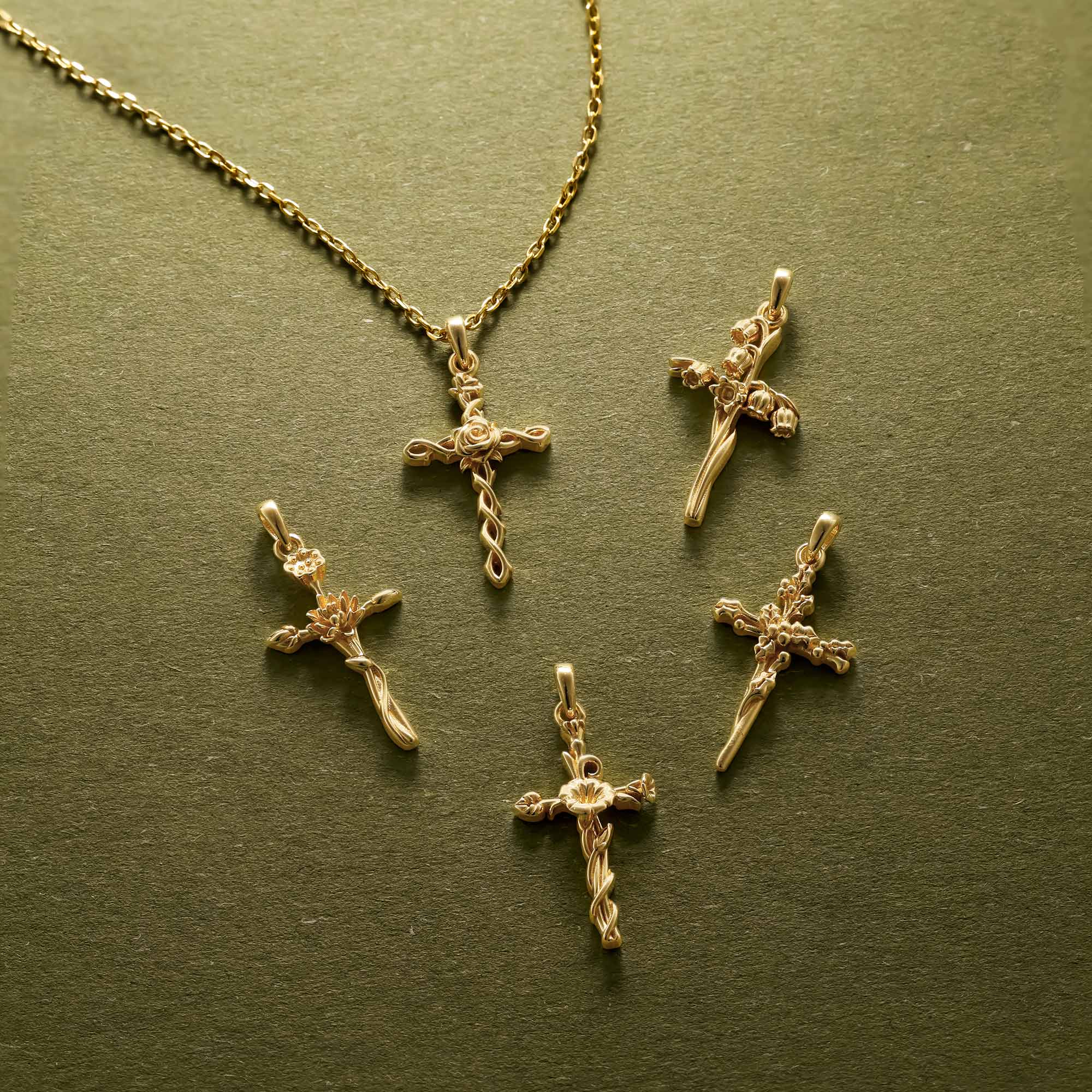 Solid Gold Birth Flower Floral Cross Pendant
